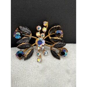 Vintage Made In Austria Brooch Rhinestones Enamel Signed